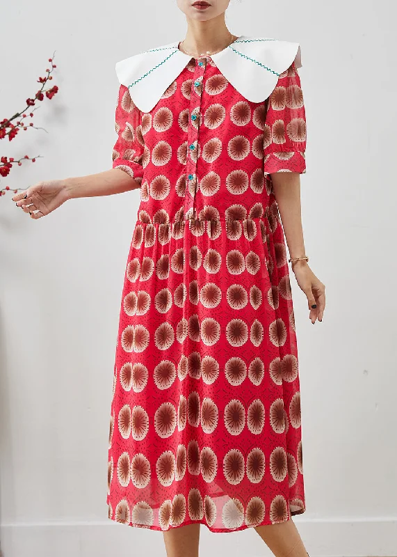 summer floral dressChic Red Peter Pan Collar Print Chiffon Long Dress Summer