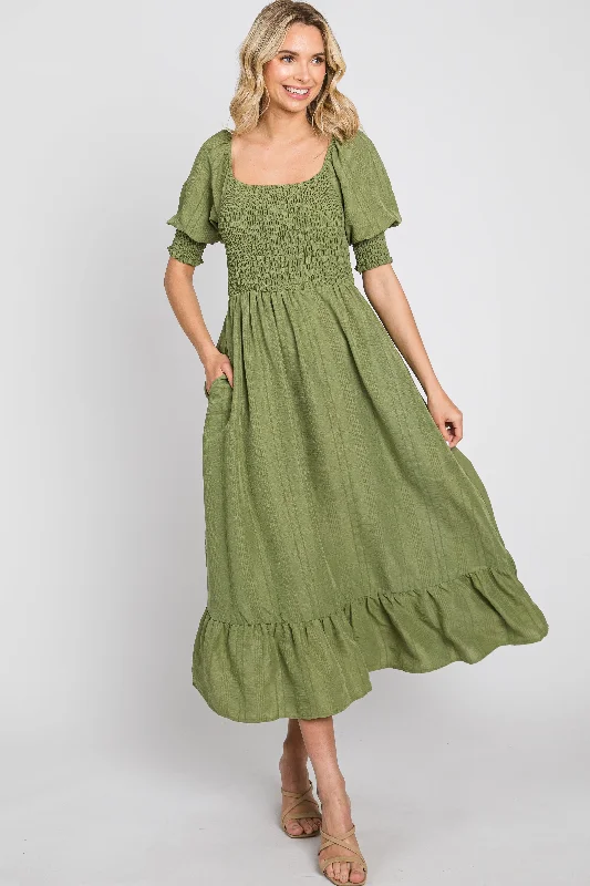 Final Sale modern dressOlive Square Neck Smocked Short Sleeve Midi Dress
