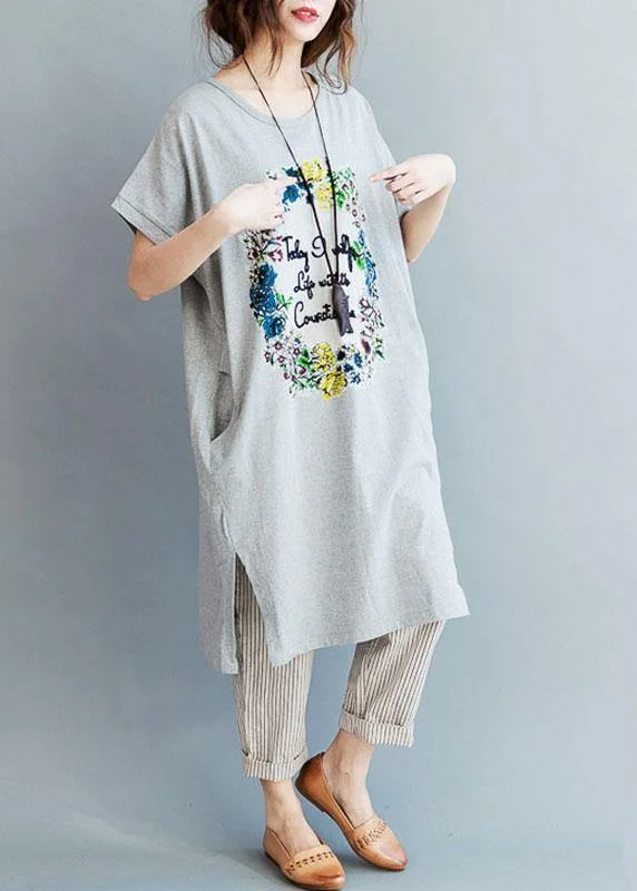 Today’s Deal boho dressFine Gray Side Open Letter O Neck Holiday Cotton Dress