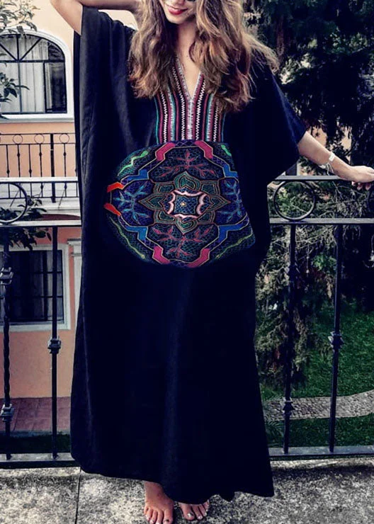 Now or Never boho dressDIY Black Embroideried Batwing Sleeve Beach Gown Party Dress Summer Now or Never boho dressDIY Black Embroideried Batwing Sleeve Beach Gown Party Dress Summer