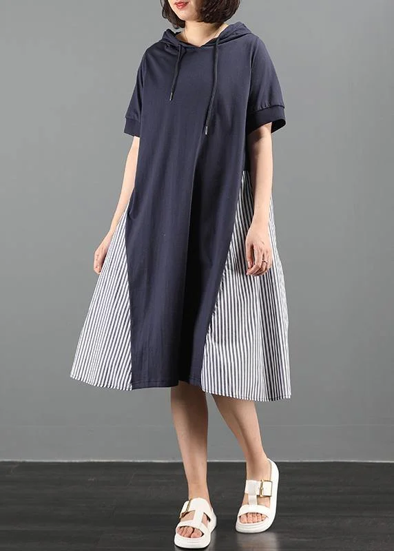 Special Savings luxury dressWomen navy tunic dress hooded patchwork striped Maxi Dresses