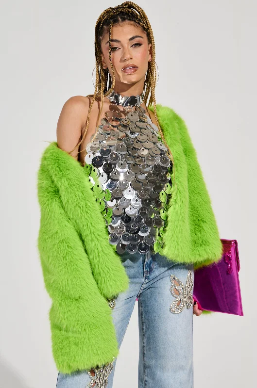Deep Discounts stylish raincoatSLIME TIME FAUX FUR COAT IN LIME