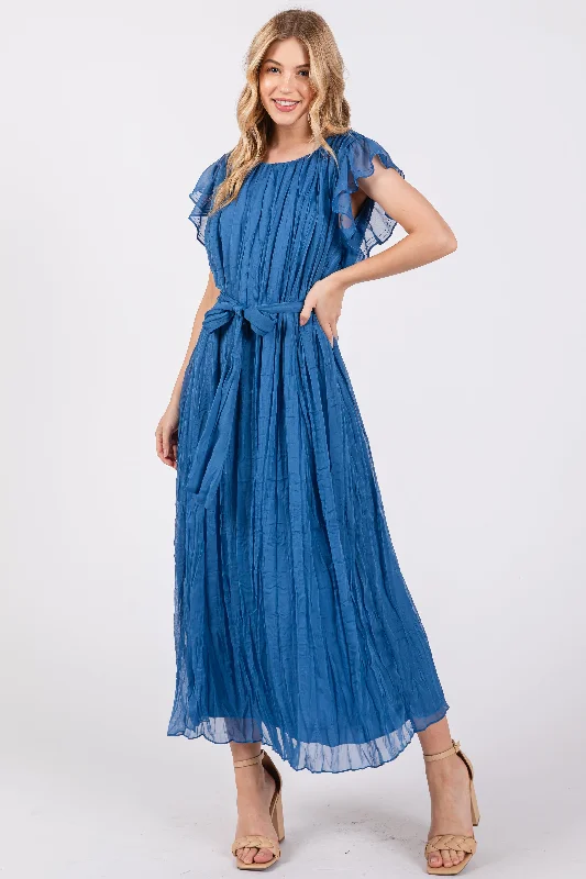 Special Discount chic shift dressBlue Short Sleeve Crinkle Self Tie Dress
