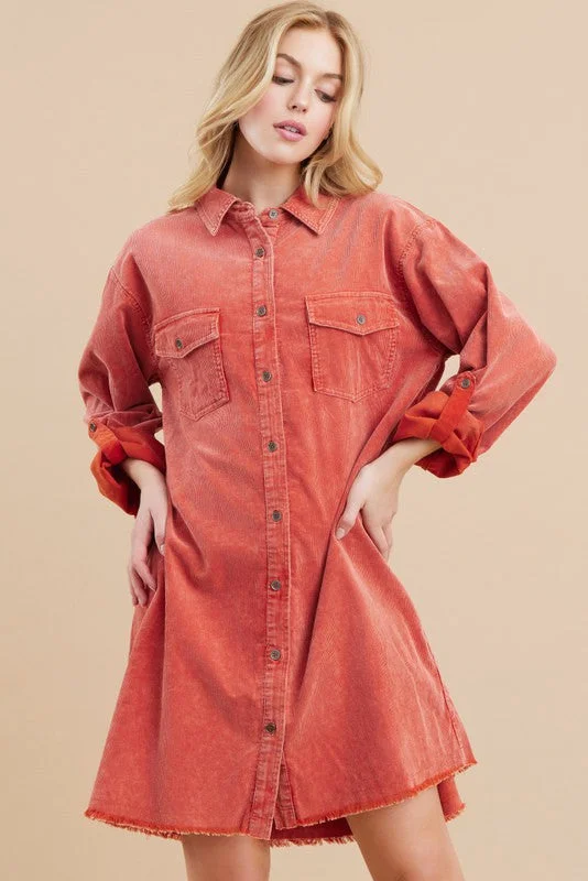Don't Wait flowy maxi dressRust Corduroy Button Front Fringe Hem Dress
