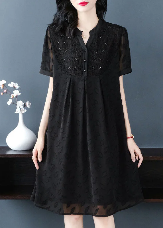 Buy Now lace dressBohemian Black V Neck Wrinkled Patchwork Jacquard Chiffon Holiday Dress Short Sleeve