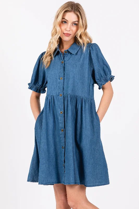 Extra Savings fitted cocktail dressBlue Chambray Puff Sleeve Button Down Dress