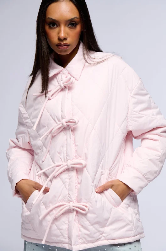 Members Only fashion-forward coatTRIBECCA PALE PINK QUILTED BOMBER WITH BOWS