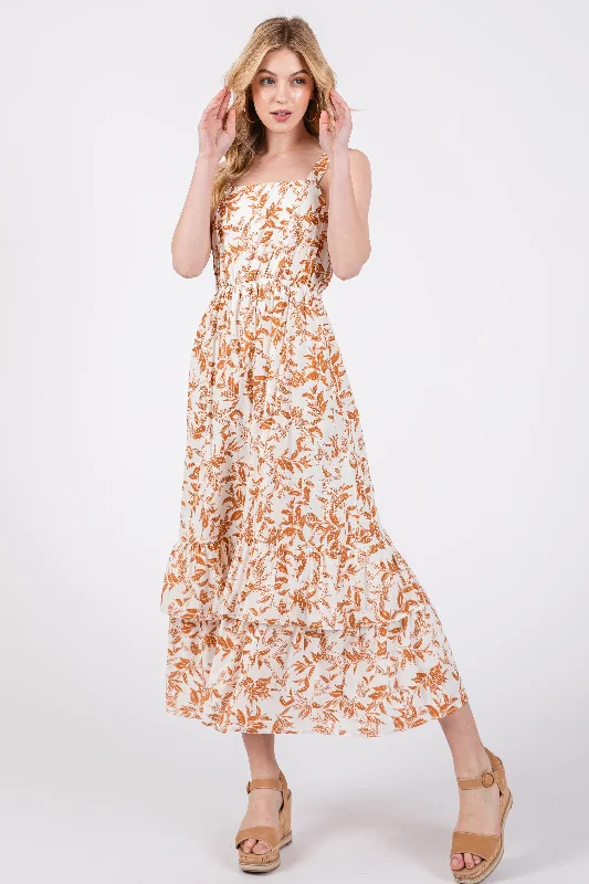 Fantastic Offers ashionable dressCamel Floral Sleeveless Ruffle Hem Maxi Dress