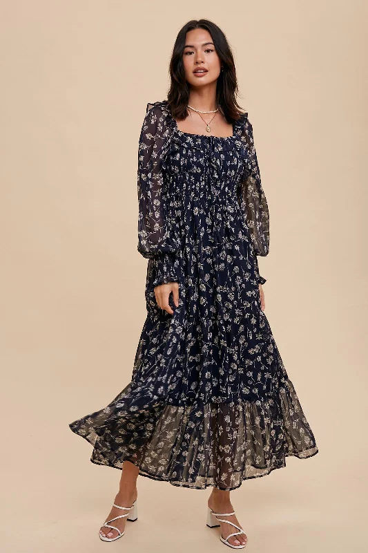 Online Only statement dressNavy Blue Floral Ruffle Square Neck Smocked Maxi Dress