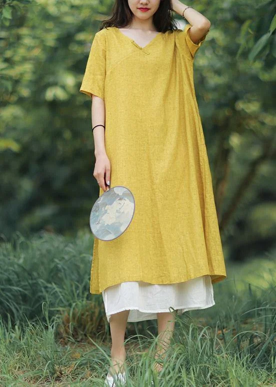 Can't Miss office dressWomen yellow linen cotton Robes v neck side open Art summer Dress Can't Miss office dressWomen yellow linen cotton Robes v neck side open Art summer Dress