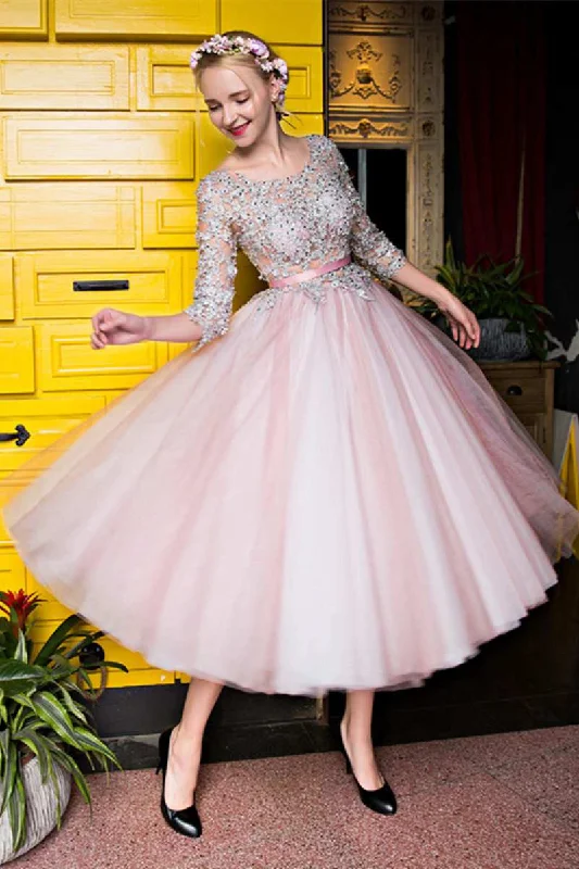 playful dress3-4 Lace Sleeve Scoop Neck Tea Length Tulle Homecoming Prom Evening Dress-333694