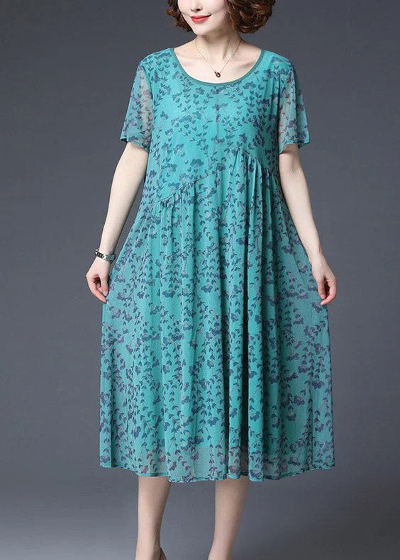 Special Discount pleated maxi dressLoose Green O-Neck Print Chiffon Long Dress Short Sleeve