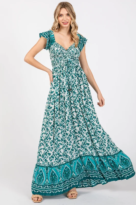 Online Only party-ready dressGreen Floral Off Shoulder Smocked Maxi Dress