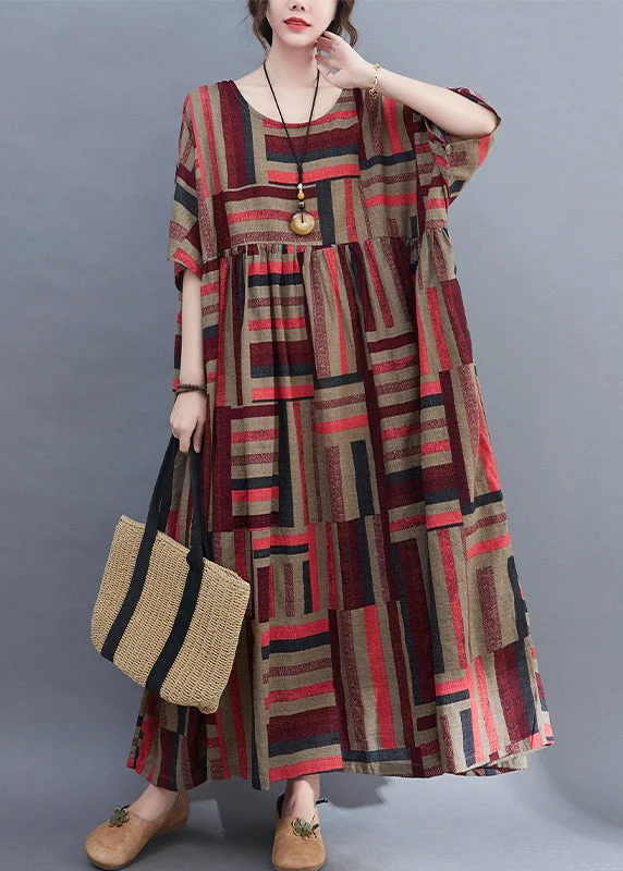 Midnight Sale party-ready dressFashion Red O-Neck wrinkled Loose Holiday Dress Short Sleeve