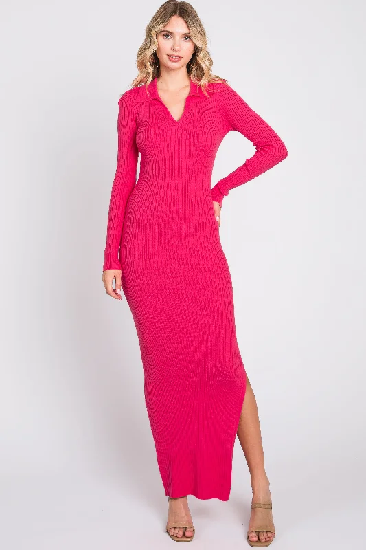 Weekend Deal relaxed fit dressPink Rib Knit Collared Maxi Dress