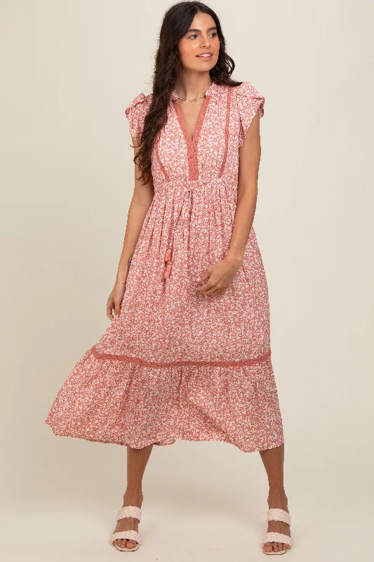 Low Prices draped dressSalmon Floral Lace Trim Midi Dress