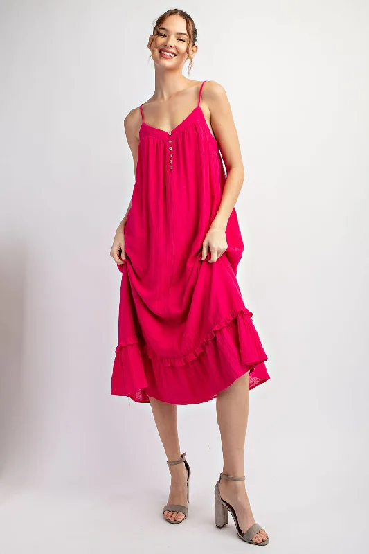 Price Rollback luxury dressFuchsia Button Front Pocketed Midi Dress