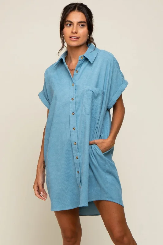 Special Savings winter dressLight Blue Ribbed Button Down Mini Dress
