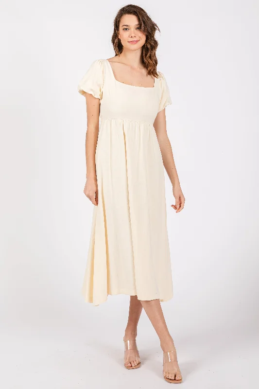 Early Access pleated dressIvory Puff Sleeve Linen Midi Dress