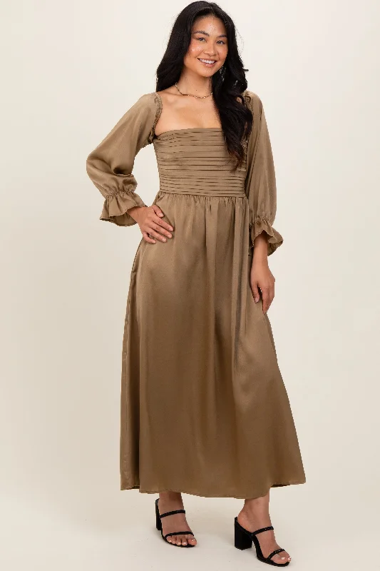 Markdowns sleek dressOlive Off Shoulder Satin Pleated Bodice Maxi Dress