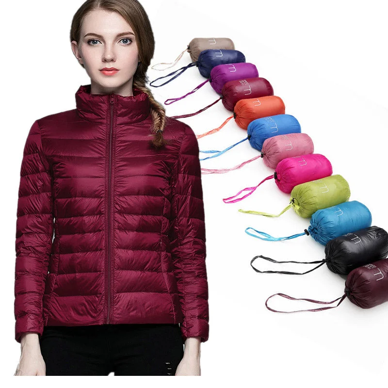 comfortable winter coatWinter Women  Stand Collar 90% White Duck Down Jacket Female Ultra Light Down Jackets Slim Long Sleeve Parkas Candy Color Fashio