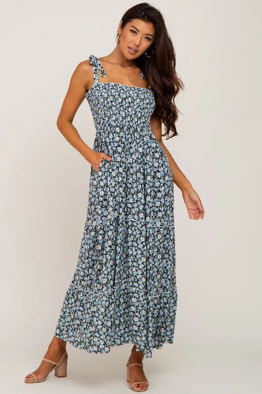 Year-End Sale chic shift dressBlack Floral Sleeveless Tiered Maxi Dress