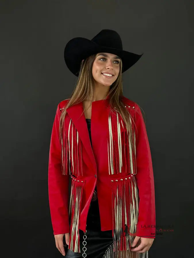Big Savings Rock&Roll Womens Long Red Jacket with Fringe Back