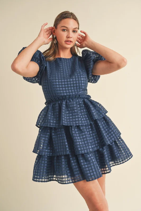 Closeout lace-up dressNavy Puff Sleeve Tiered Layer Mini Dress