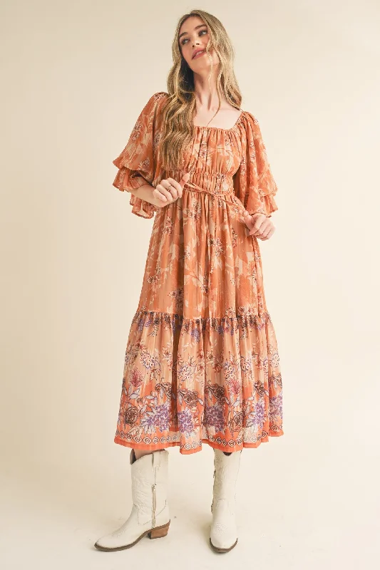 Hot Deal summer floral dressRust Floral Puff Sleeve Tiered Midi Dress