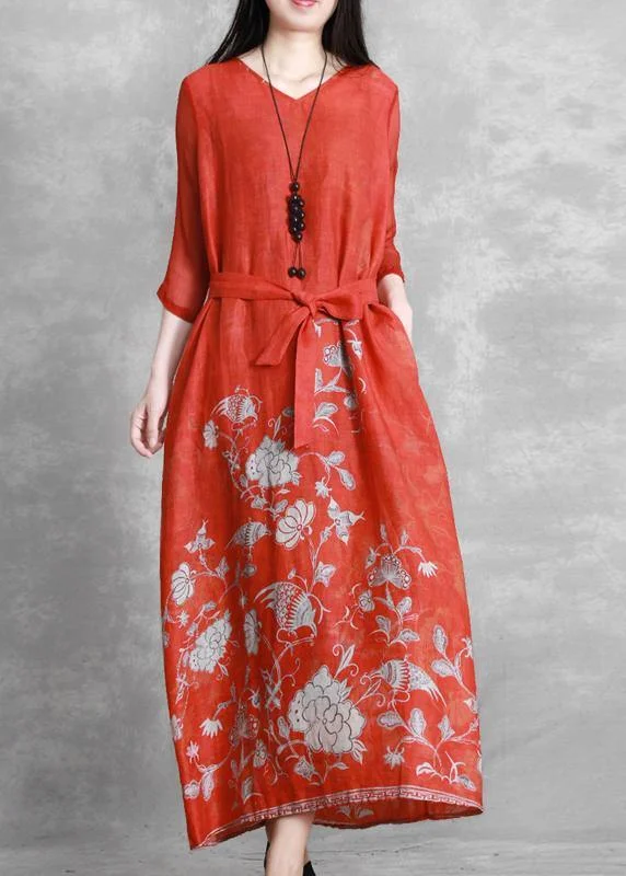 Major Savings pleated maxi dressWomen red print Robes v neck tie waist Maxi Dresses