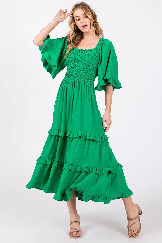 Get It Before It’s Gone comfy dressGreen Smocked Ruffle Tiered Midi Dress