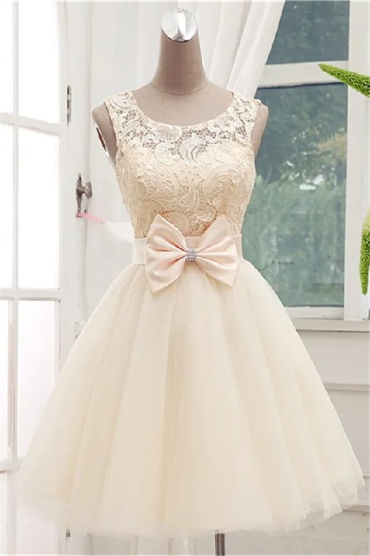 sophisticated dressPlus Size Timeless Sleeveless Lace Cocktail Dress Bowknot Tulle Short Prom Gowns-323178