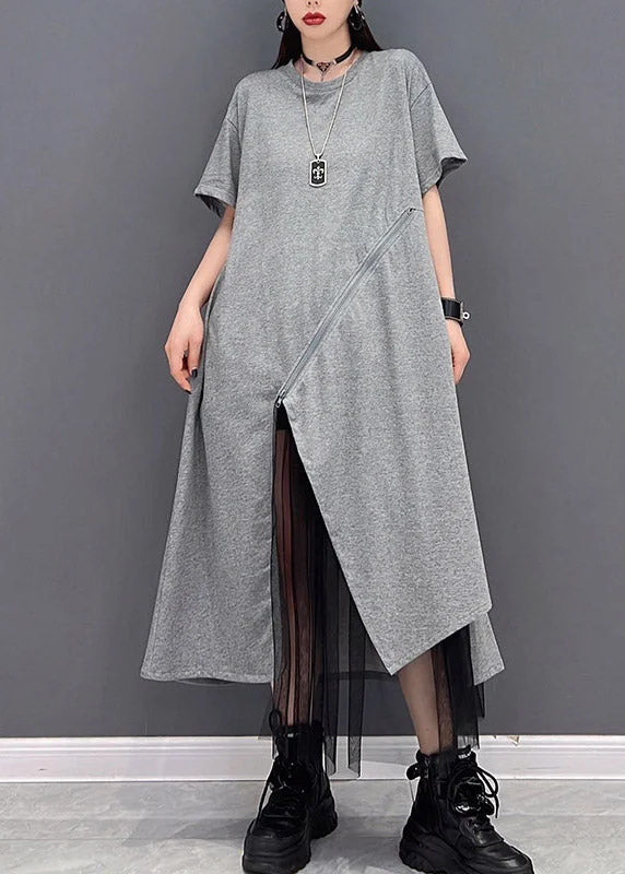 Last Chance sleeveless dressFashion Grey O-Neck Zippered Tulle Patchwork Dresses Short Sleeve Last Chance sleeveless dressFashion Grey O-Neck Zippered Tulle Patchwork Dresses Short Sleeve