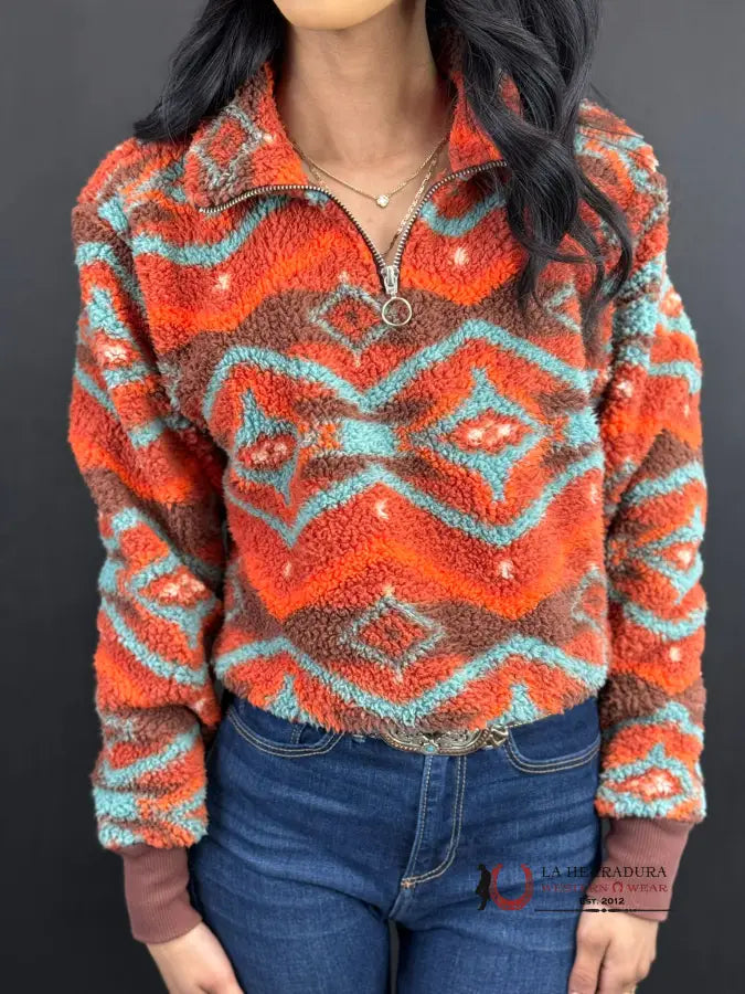 Crazy Deals Rock&Roll Womens Orange Aztec Printed Pullover