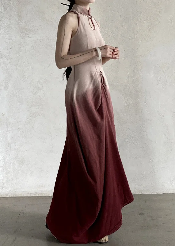 casual day dressFrench Gradient Color Stand Collar Wrinkled Cotton Long Dresses Sleeveless