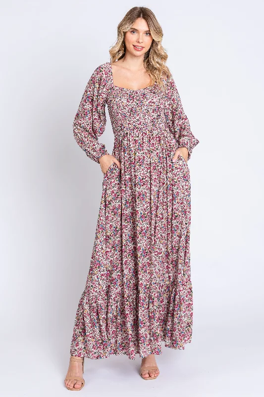 Members Only long-sleeve floral dressMauve Floral Long Sleeve Maxi Dress