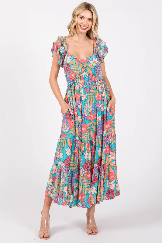 Don't Wait fitted bodycon dressTurquoise Floral Ruffle Sleeve Midi Dress