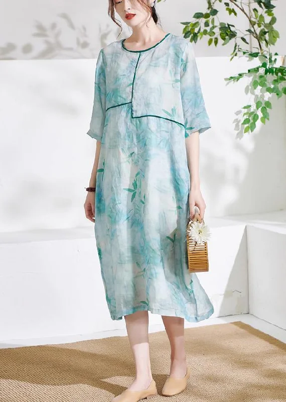 Mega Deal cocktail dressLight Green Patchwork Print Summer Ramie Dresses Half Sleeve