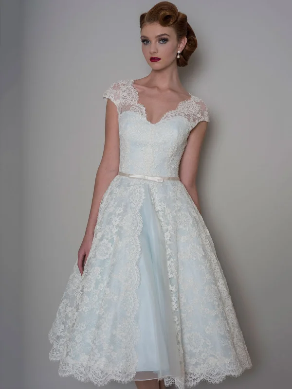 satin dressA-Line Knee-Length Appliqued V-Neck Cap Sleeve Lace Wedding Dress-MK_705318