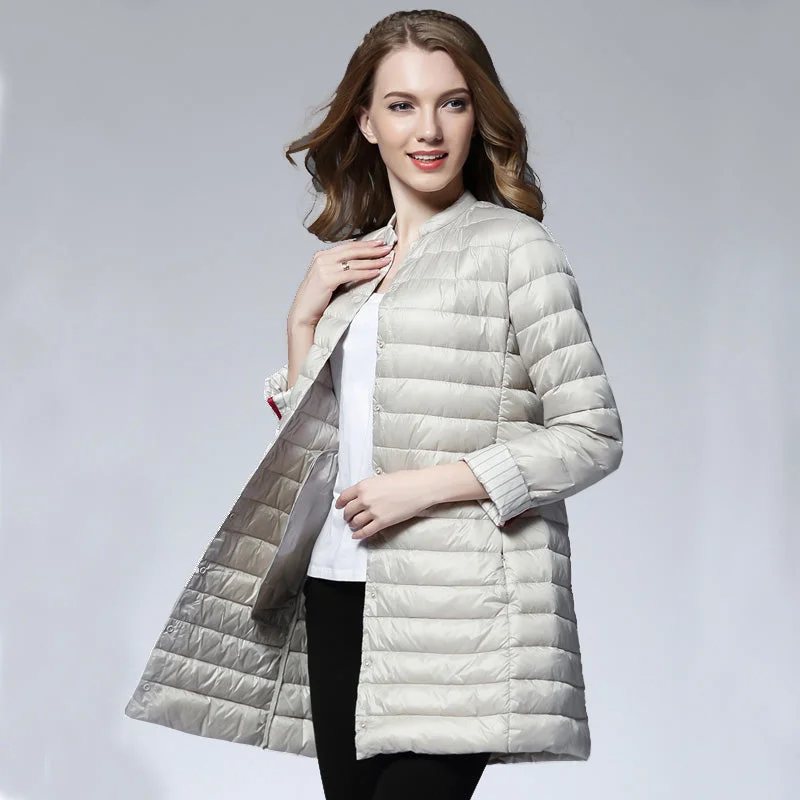 fashionable quilted coatWoman Spring Padded Warm Coat Ultra Light Duck Down Jacket Long Female Overcoat Slim Solid Jackets Winter Coat Portable Parkas