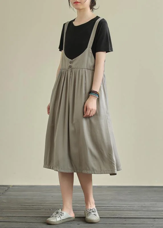 Big Discounts denim dressWomen o neck false two pieces cotton summer quilting dresses gray Maxi Dress