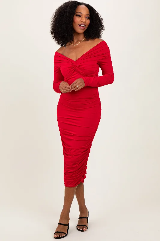 Final Sale fitted bodycon dressRed Off Shoulder Ruched Long Sleeve Midi Dress