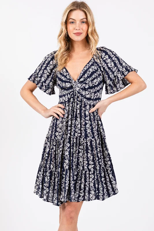 Exclusive Online Offer fitted dressNavy Blue Floral Front Knot Twist Dress