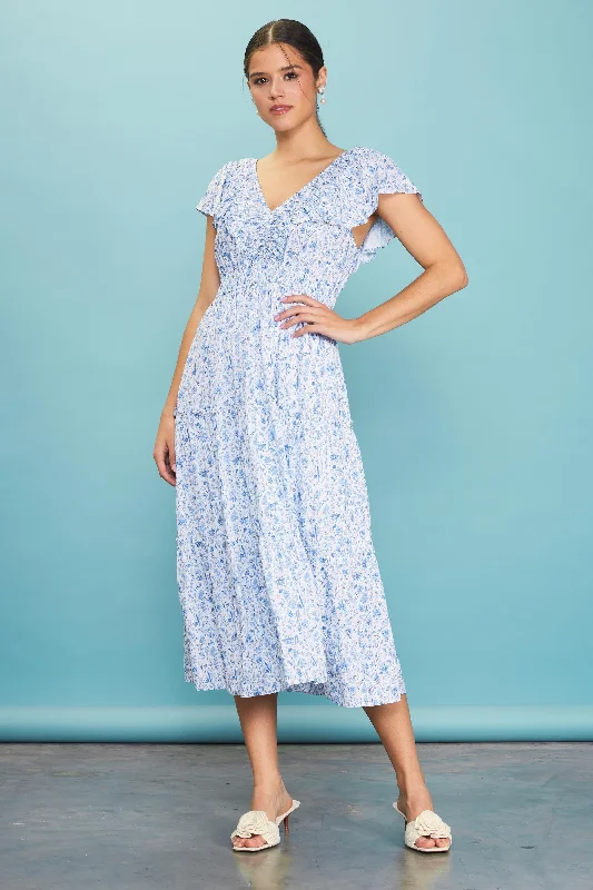 Must-Have Deals vintage-inspired dressBlue Floral Front Ruched Ruffle Shoulder Tiered Midi Dress Must-Have Deals vintage-inspired dressBlue Floral Front Ruched Ruffle Shoulder Tiered Midi Dress