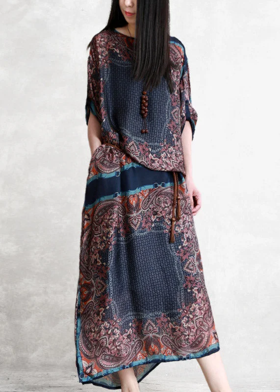 Big Savings pleated maxi dressVintage O-Neck Print Patchwork Pockets Tie Waist Chiffon Dresses Short Sleeve