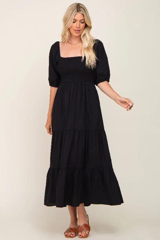 Blowout Deals chic shift dressBlack Square Neck Smocked Tiered Maxi Dress