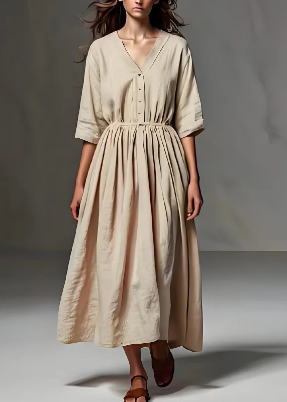 shift dressLoose Beige V Neck Wrinkled Patchwork Linen Long Dress Half Sleeve