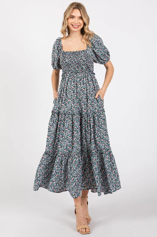 The Best Prices textured dressNavy Floral Smocked Tiered Puff Sleeve Maxi Dress