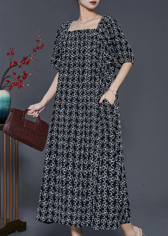 form-fitting dressFrench Black Square Collar Print Cotton Dress Summer