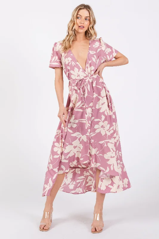 Bargain Bin oversized dressPink Floral V Neck High Low Dress